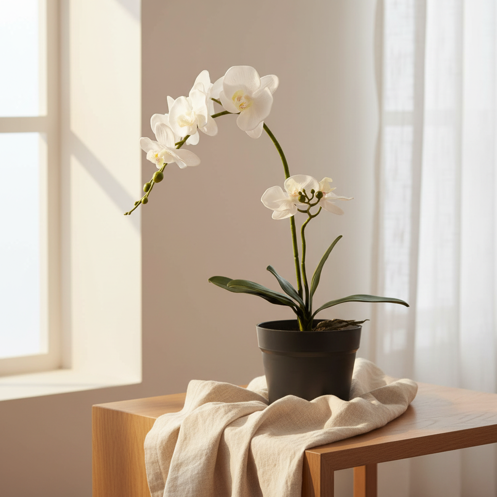 Realistic artificial white orchid plant styled on a Scandinavian windowsill with soft warm natural light