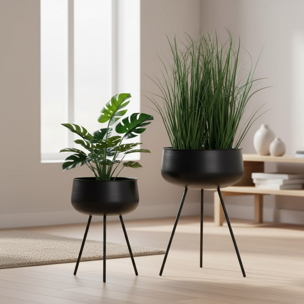 Set of two black steel Ardola plant pots on tripod legs with green plants styled in a Scandinavian living room