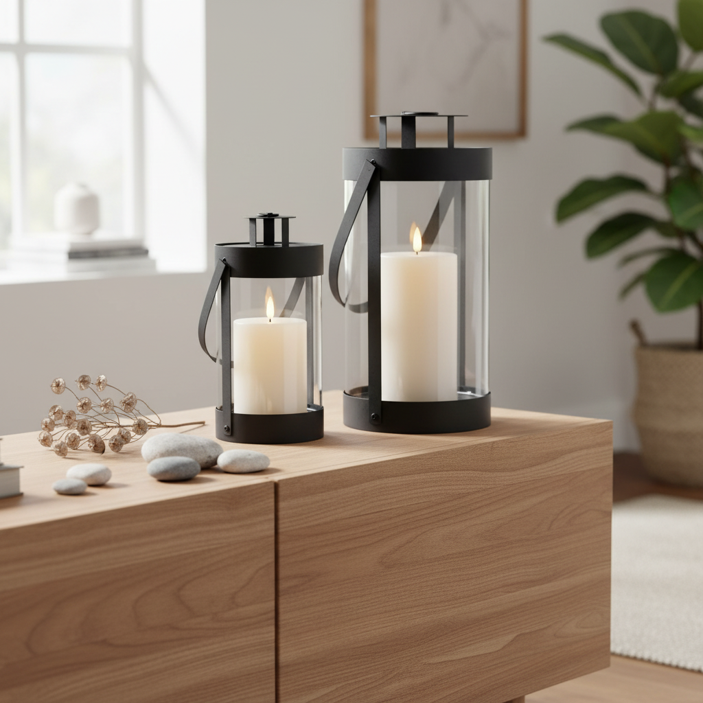 Set of two Bondi black steel glass lanterns on a sideboard in a Nordic interior with dried botanical styling