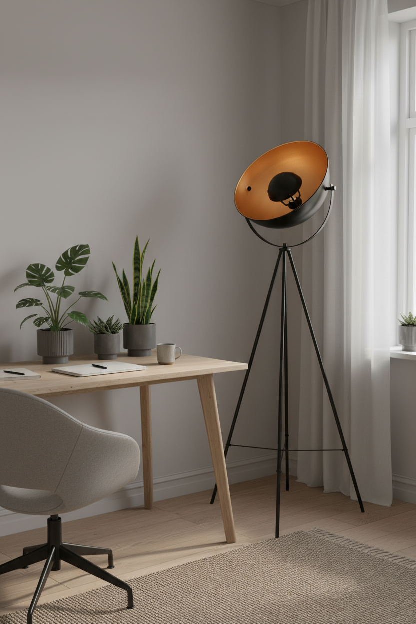 Bernice tripod floor lamp in modern home office with warm focused light