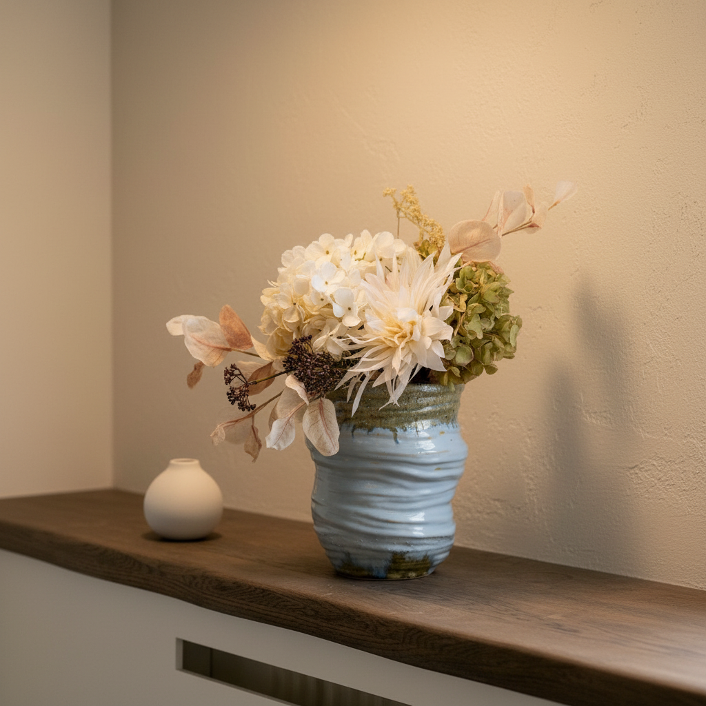 Azure Bloom Light Blue Ceramic Vase on oak console with limewash wall