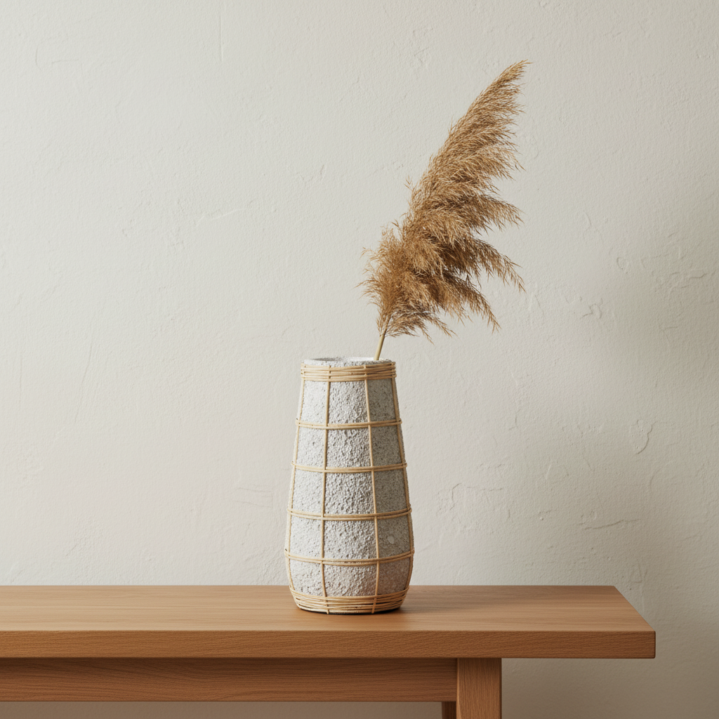 The Cutie Concrete Rattan Vase L op eiken console met pampas gras