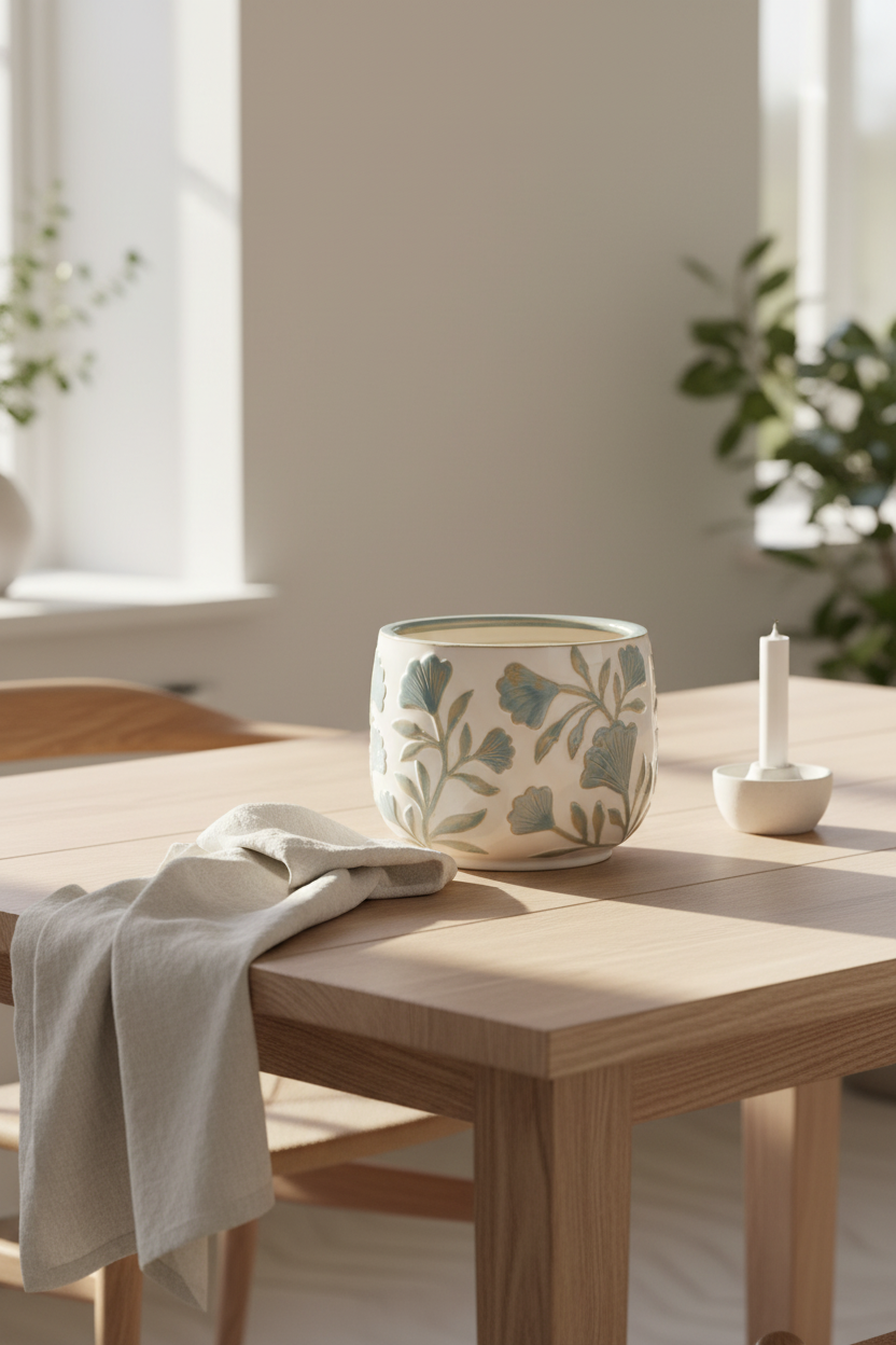Bloom white ceramic planter on wooden dining table beside linen napkin and candle