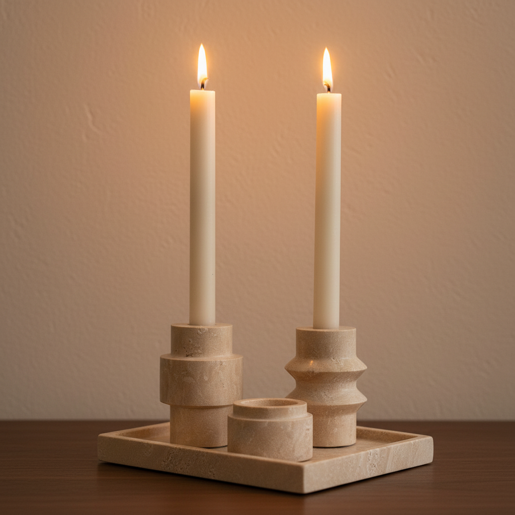 Luma travertine tealight holder set extreme close-up, walnut surface, candlelight