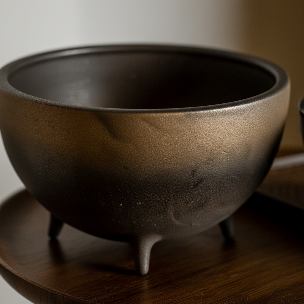 Close-up of Otaru ceramic bowl showing bronze-to-black mineral glaze surface variation and texture