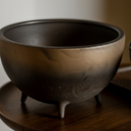 Close-up of Otaru ceramic bowl showing bronze-to-black mineral glaze surface variation and texture