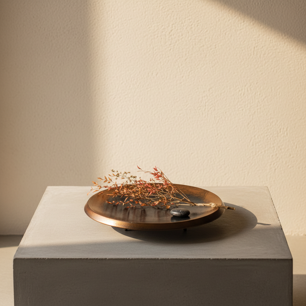 Otaru Plate Bronze-to-Black Ceramic Decorative Plate on concrete coffee table with limewash wall