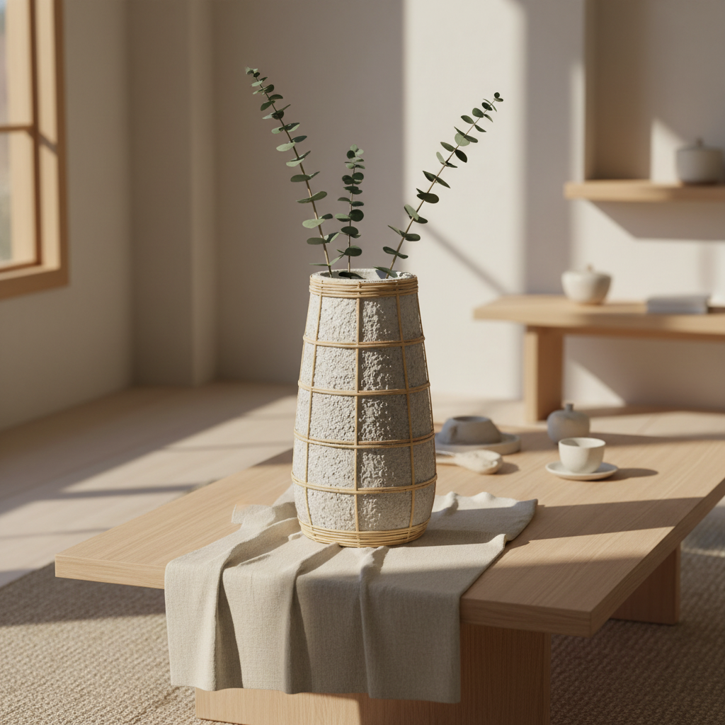 The Cutie Concrete Rattan Vase L op salontafel met eucalyptus
