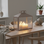Lucca beige grey metal and glass lantern styled on a Scandinavian dining table with warm candlelight
