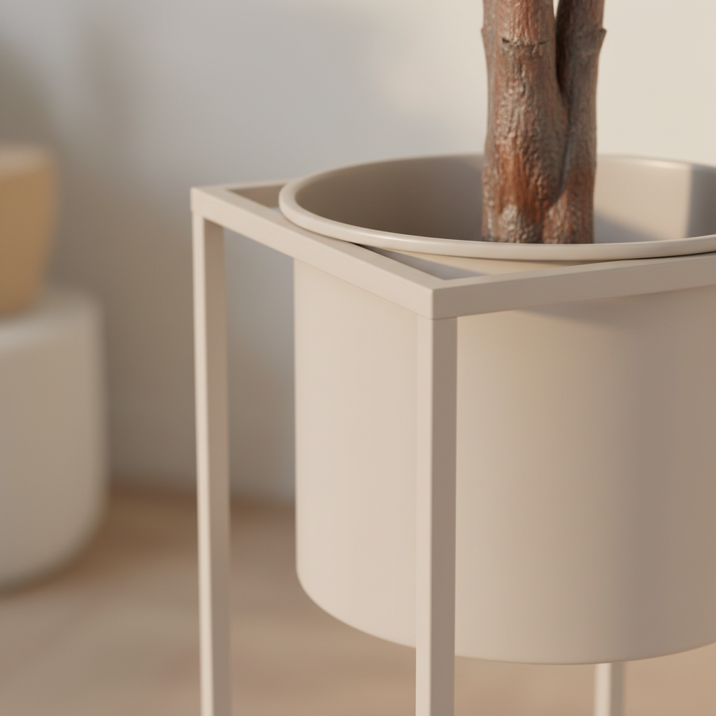 Close-up of beige grey steel Marla plant stand open square frame and cylindrical pot insert