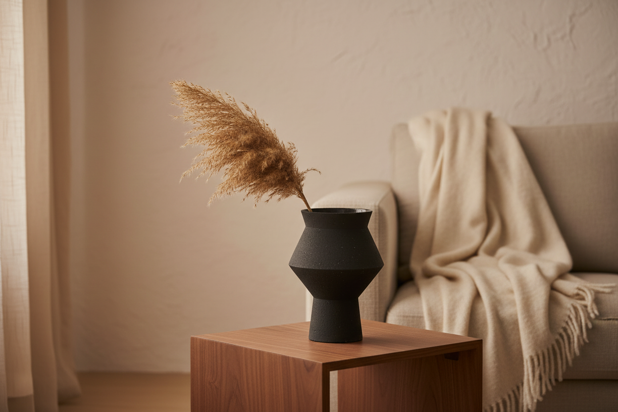 Black speckled ceramic vase on a walnut side table in a warm minimal living room