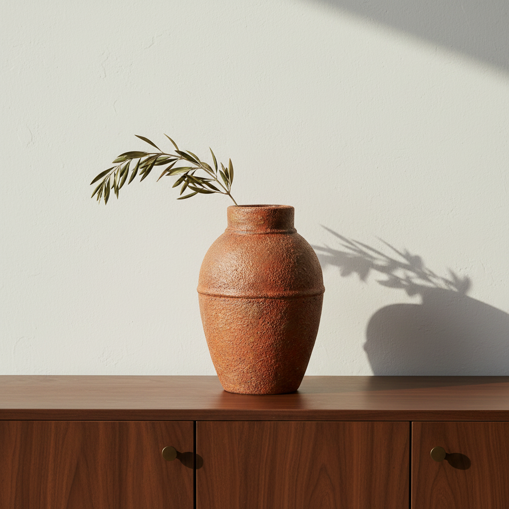 Amphora Rustica Terracotta Vase L op walnoot dressoir met olijftak