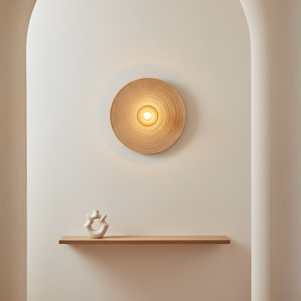 Let's Groove Woven Grass Wall Lamp in hal op witte pleistermuur