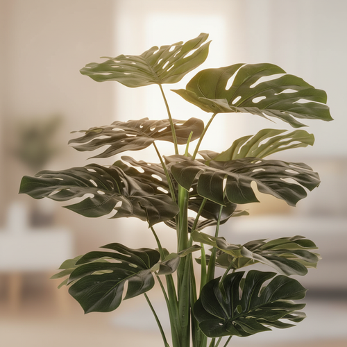 Close-up of artificial Monstera deliciosa split leaves with characteristic fenestrations and soft warm backlight