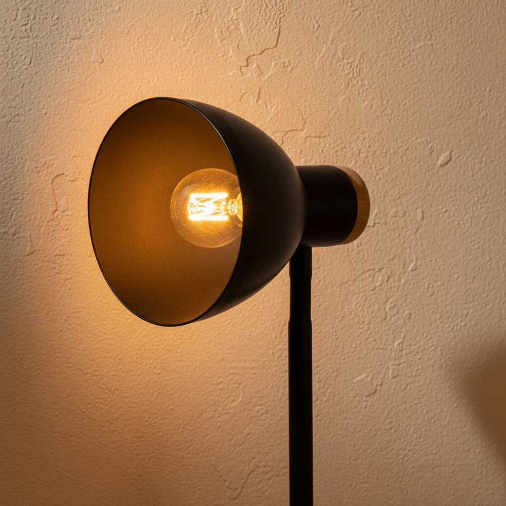 Marie black desk lamp close-up detail of adjustable head and warm filament bulb