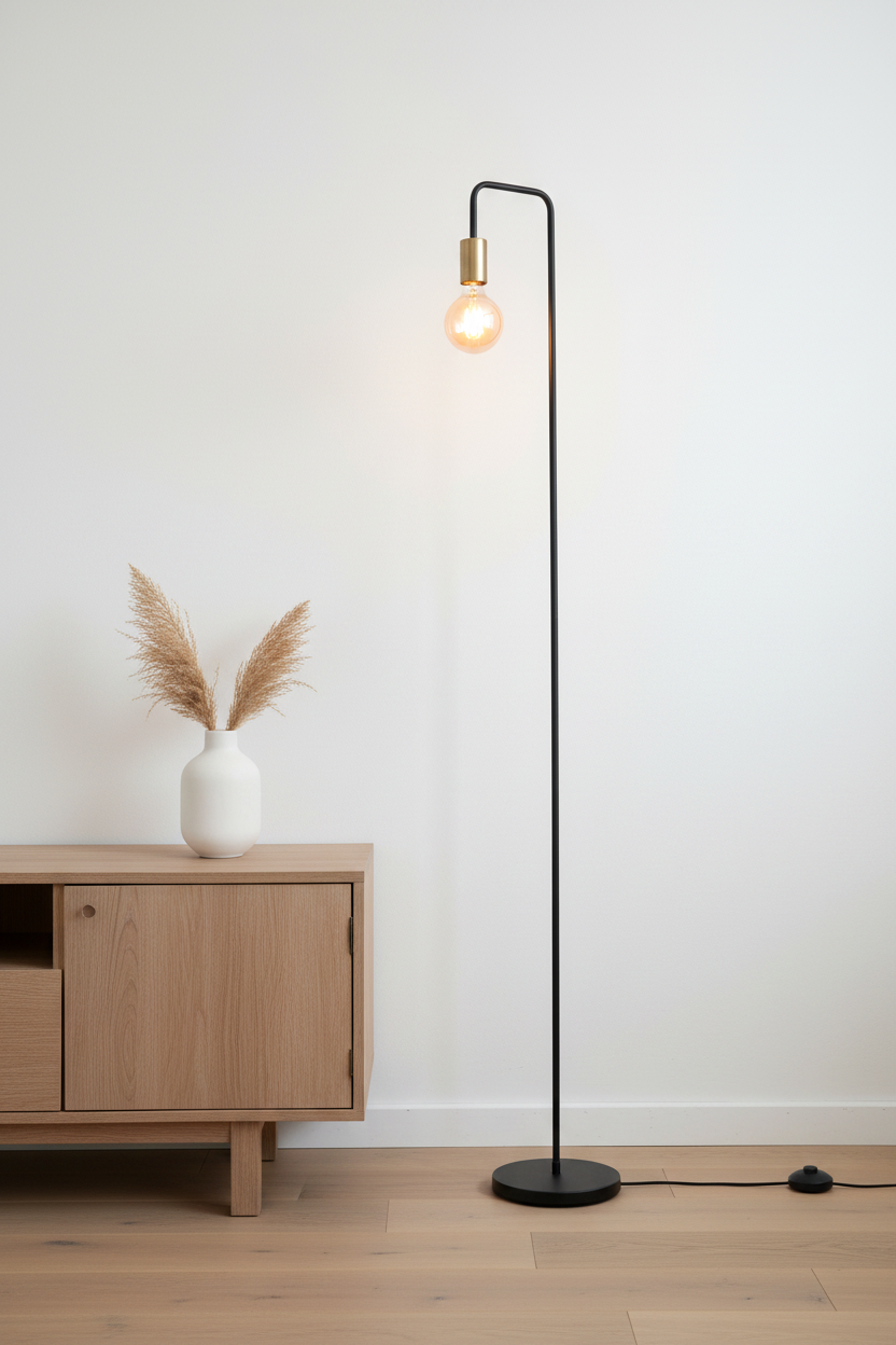 Modo black minimalist floor lamp in living room corner beside wooden sideboard