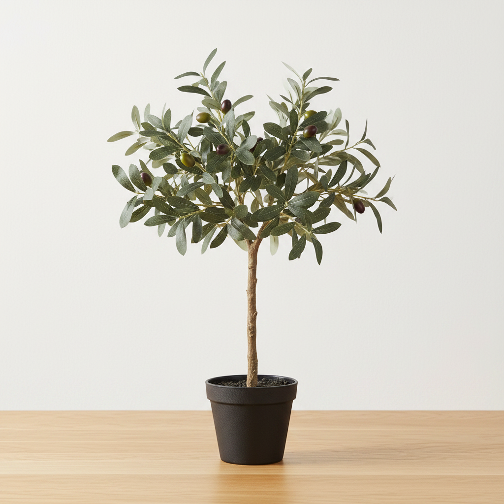 Realistic artificial olive tree on oak surface with soft daylight and clean off-white background