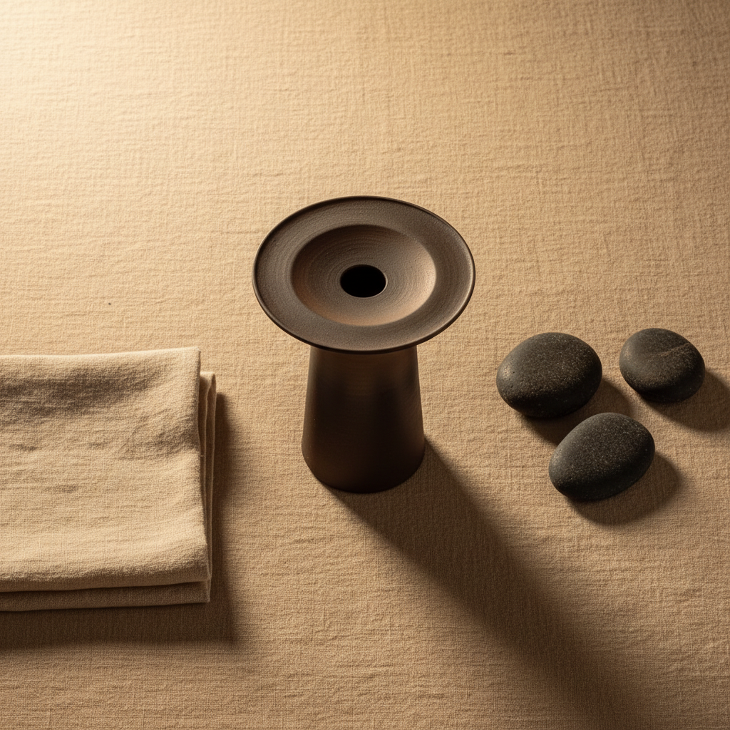 Overhead flat lay of the Ulfur bronze-to-black ceramic vase on a sand linen surface with smooth stones