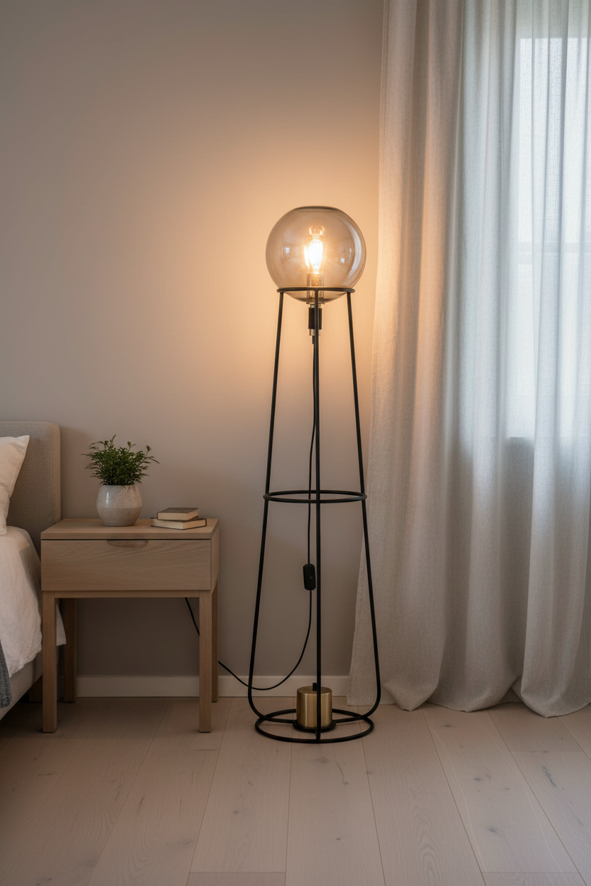 Stelo smoked glass globe floor lamp in bedroom corner with warm filament glow