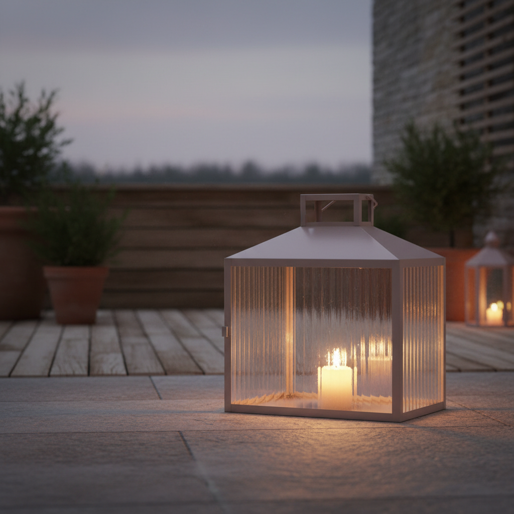 Lucca beige grey metal glass lantern on a sheltered terrace at dusk with warm candlelight