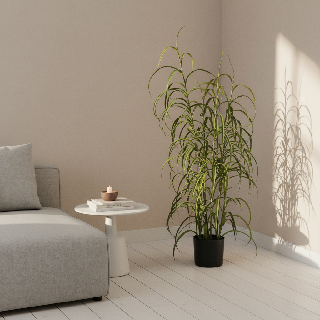 Tall artificial grass plant with upright arching green blades styled in a Scandinavian living room corner