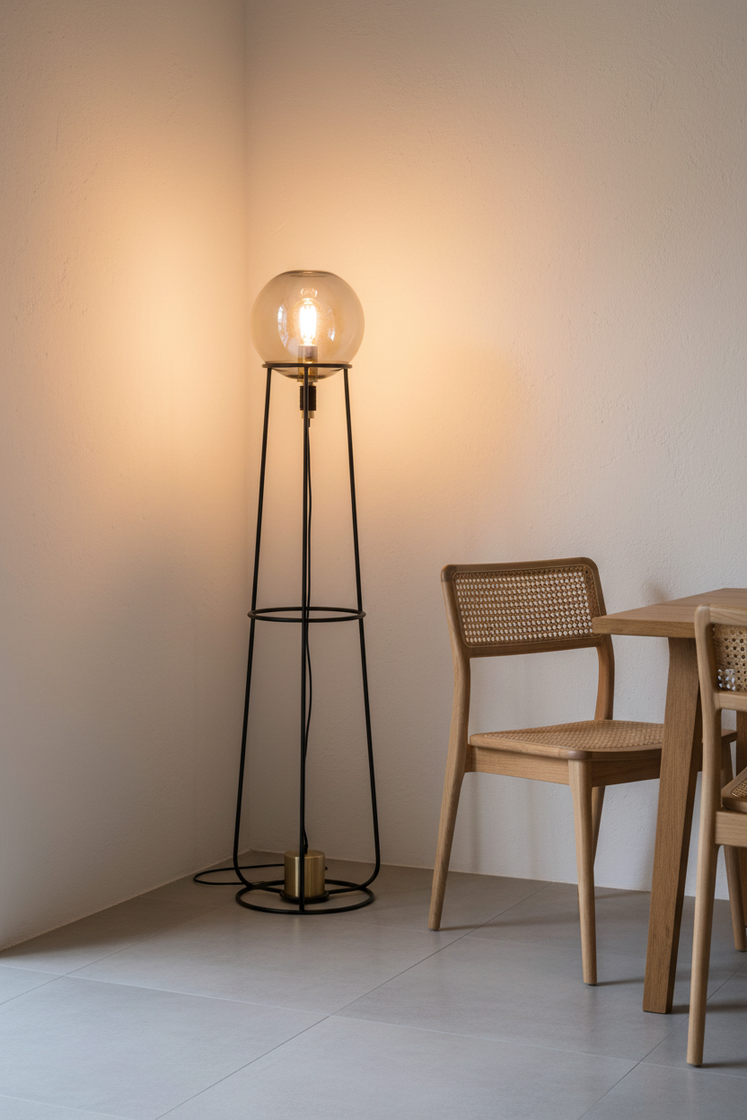 Stelo retro wire cage floor lamp in dining room corner beside wooden chair