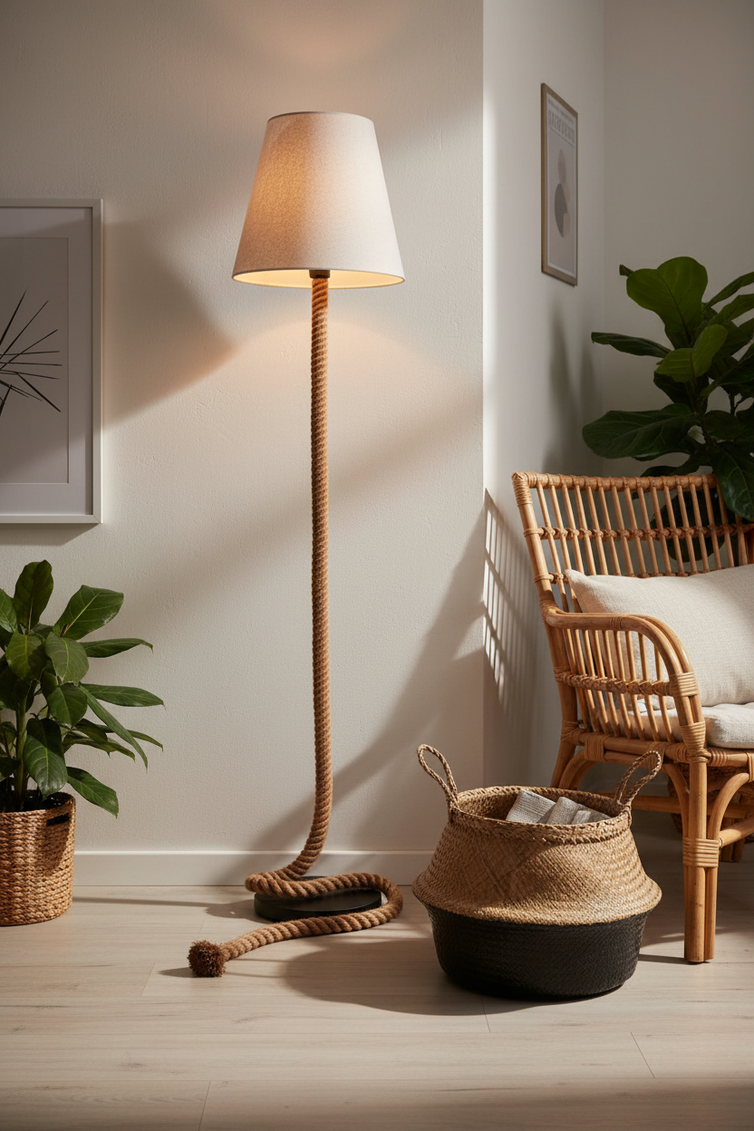 Touw jute rope floor lamp in living room corner beside rattan chair and woven basket
