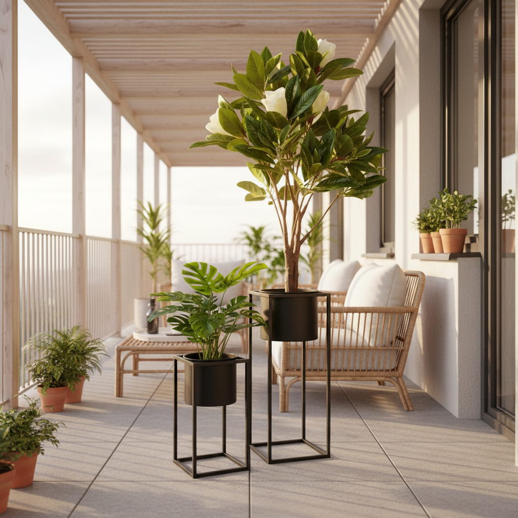 Set of two black steel Marla plant stands on a sheltered balcony with warm afternoon light