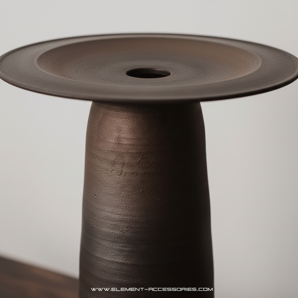 Close-up of tall ULFUR ceramic vase showing the two-piece construction and bronze to black mineral glaze texture