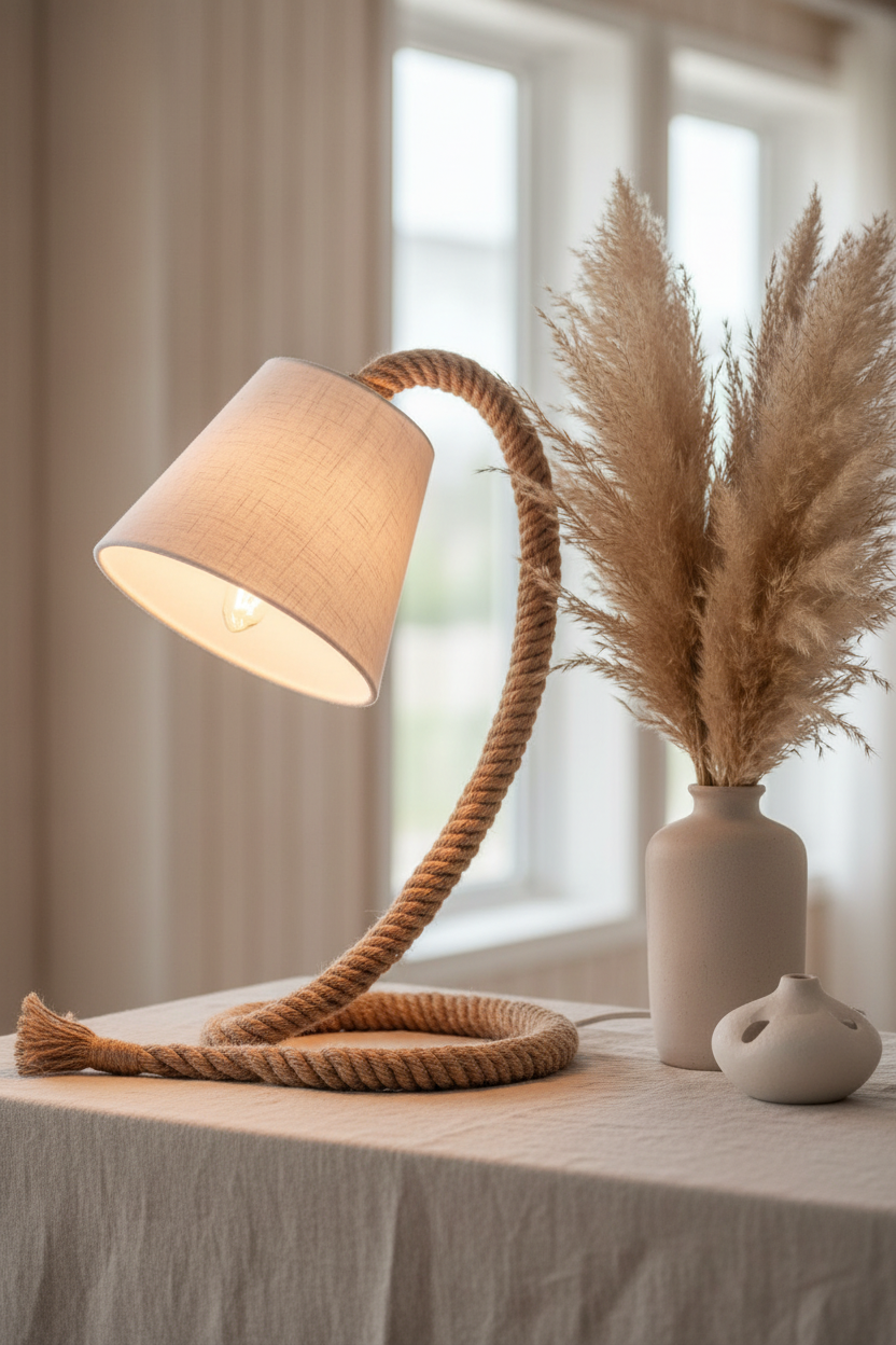 Touw natural rope table lamp with white textile shade on linen surface with pampas grass
