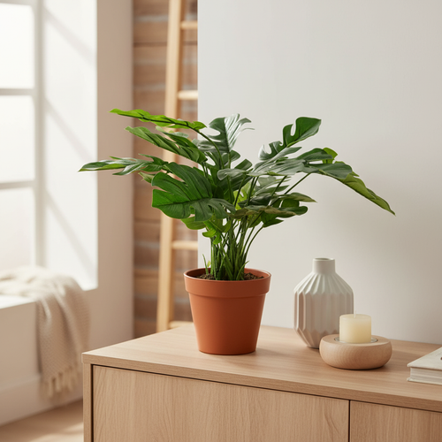 Compact realistic artificial Monstera plant grouped with ceramic vase and candle holder on a Nordic sideboard