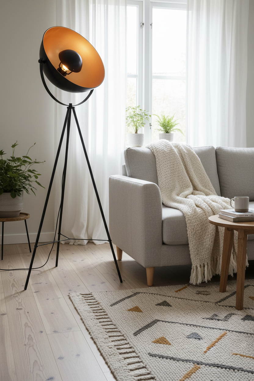 Bernice black and gold bowl-shade tripod floor lamp in Nordic living room