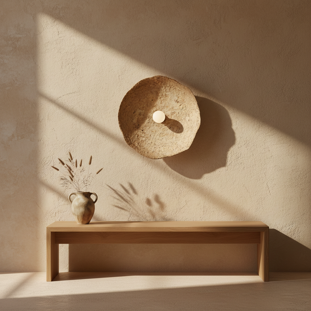 Sahara Glow Mud Wall Lamp M op limewash muur, Japandi interieur