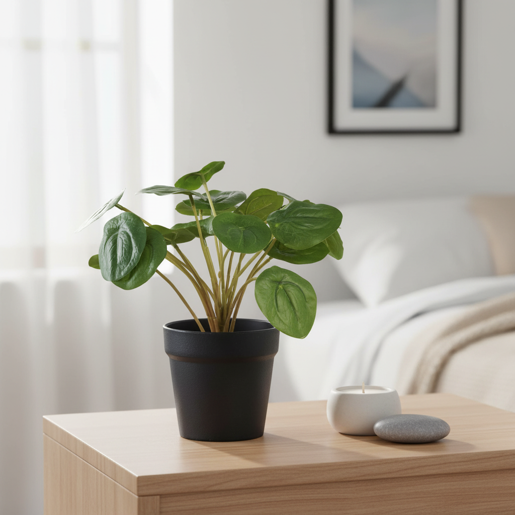 Compact realistic artificial Pilea plant grouped with candle holder and pebble on a Nordic bedroom nightstand