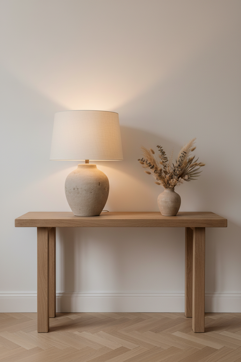 Solea beige ceramic table lamp on wooden console in hallway beside ceramic vase and dried flowers