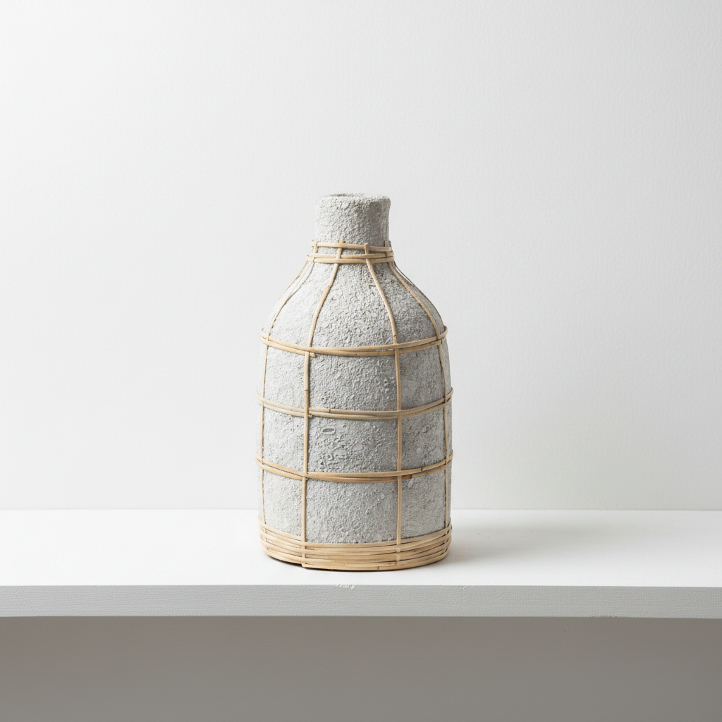 Whoopy Concrete Rattan Vase L op witte plank, leeg