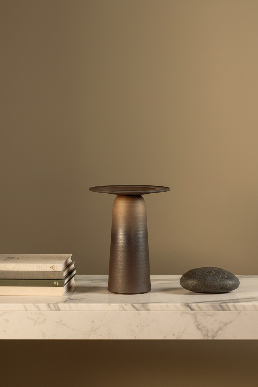 Bronze-to-black ceramic architectural vase on a marble shelf with art books and a smooth stone