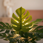 Close-up of compact artificial Monstera deliciosa split leaves with characteristic fenestrations and warm backlight