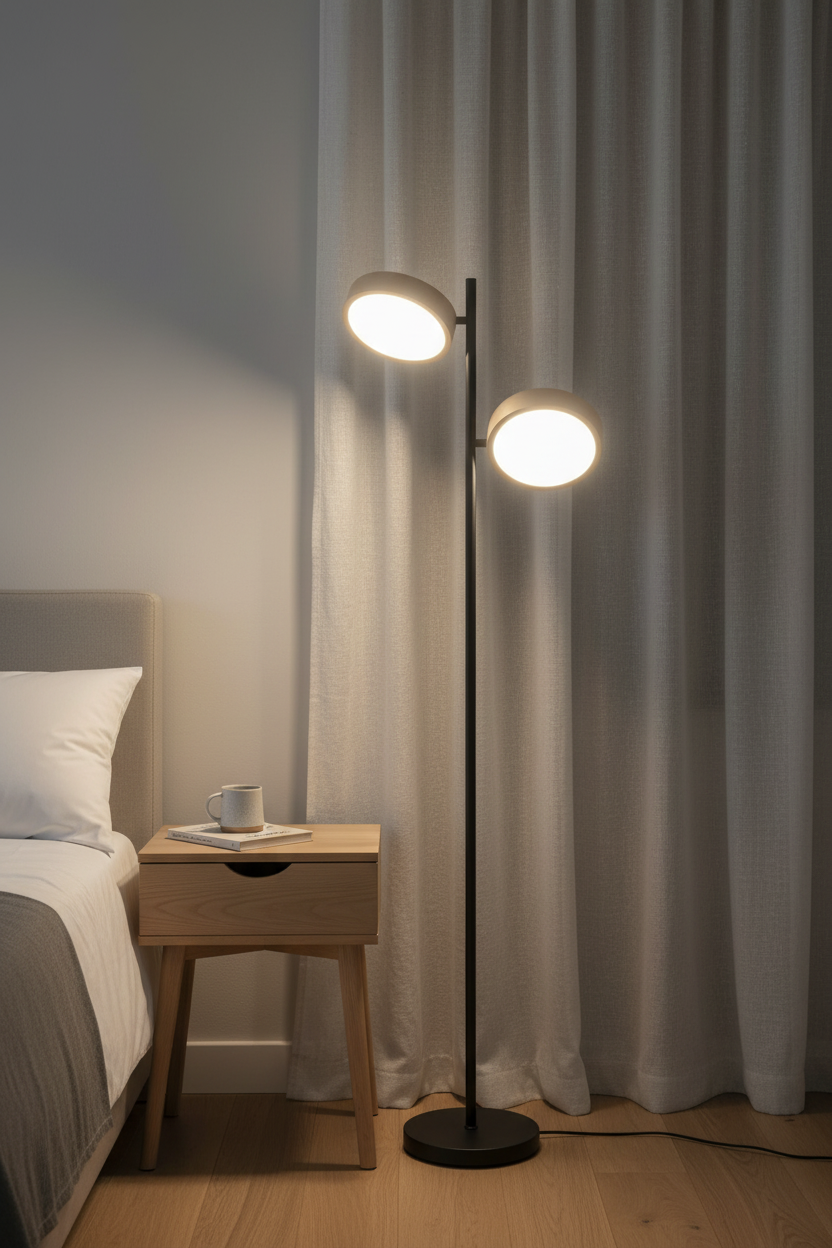 Tessa LED floor lamp in bedroom corner beside nightstand with linen curtain
