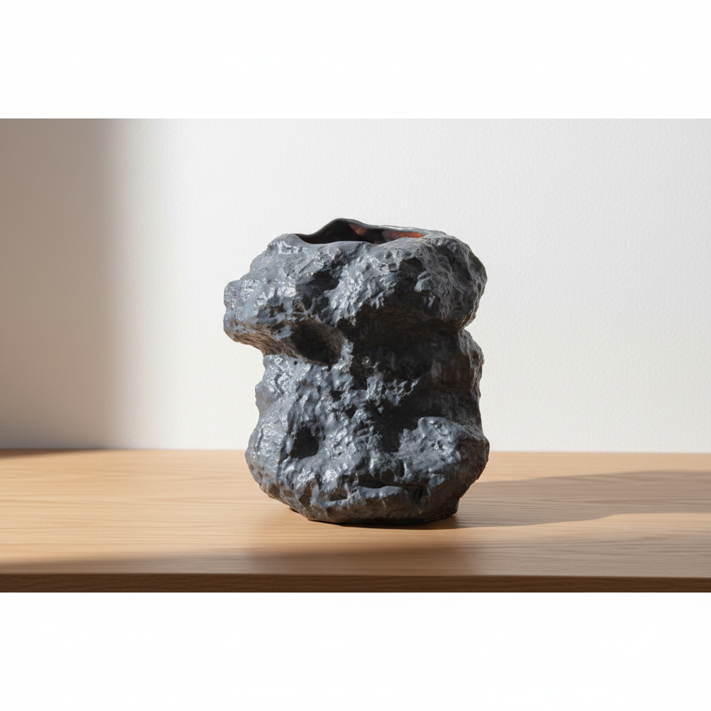 Black rock-look ceramic vase on oak surface with soft daylight and clean off-white background