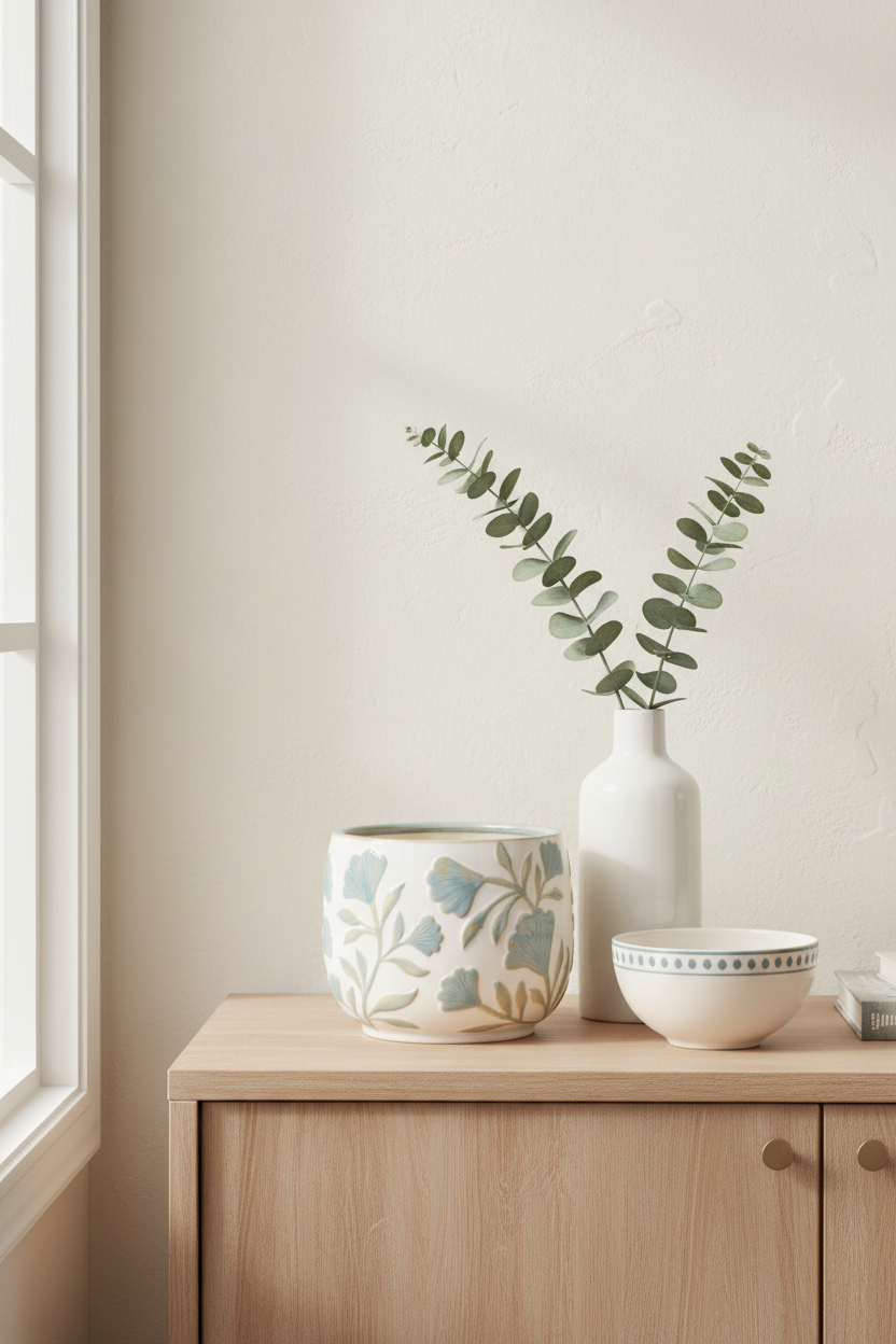 Bloom ceramic planter grouped with ceramic objects on wooden sideboard
