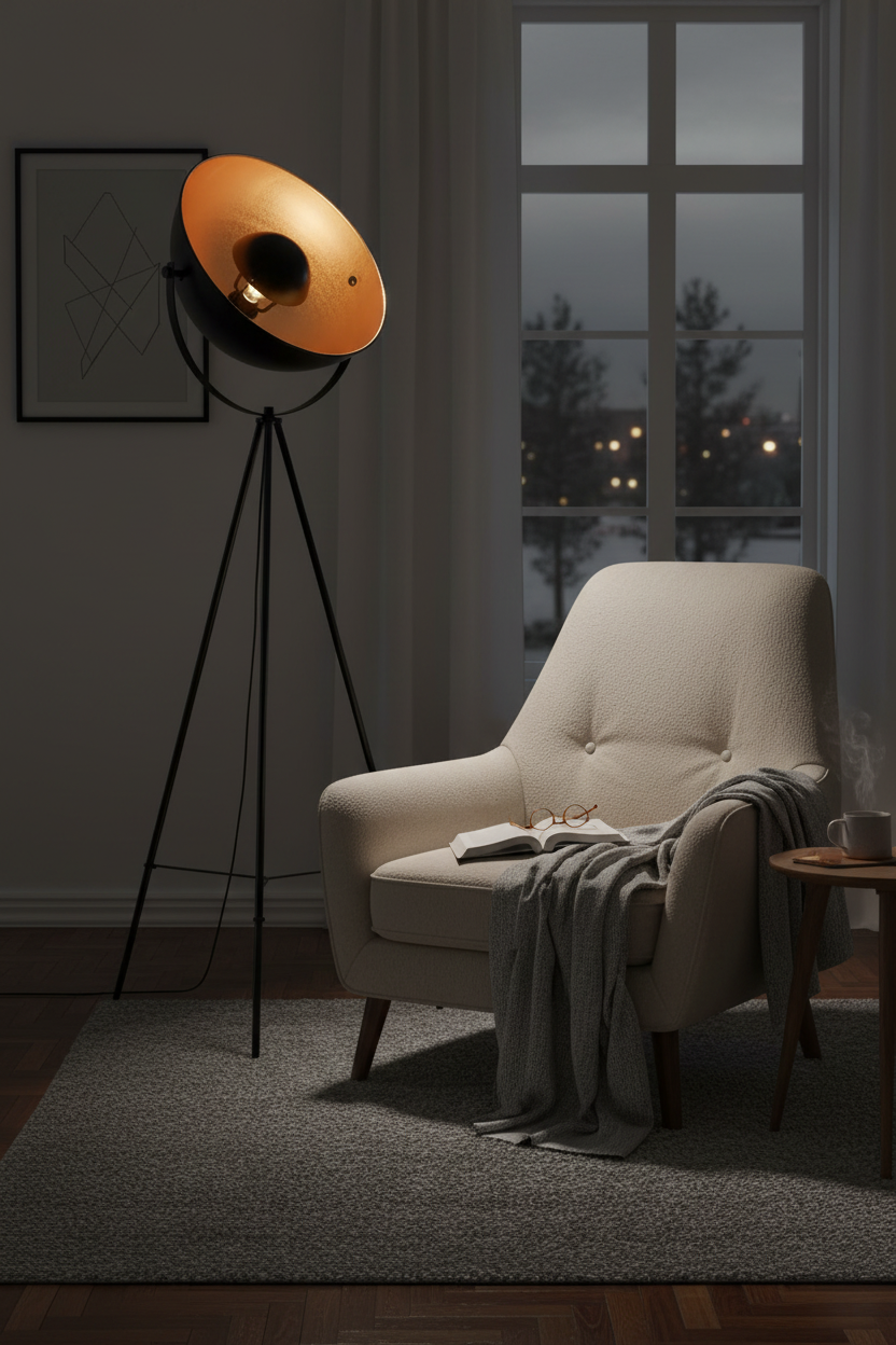 Bernice tripod floor lamp angled over reading chair with warm amber glow
