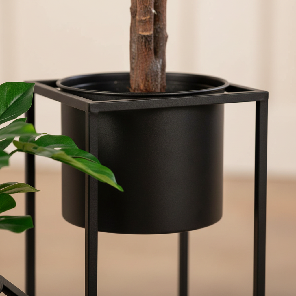 Close-up of matte black steel Marla plant stand open square frame and cylindrical pot insert