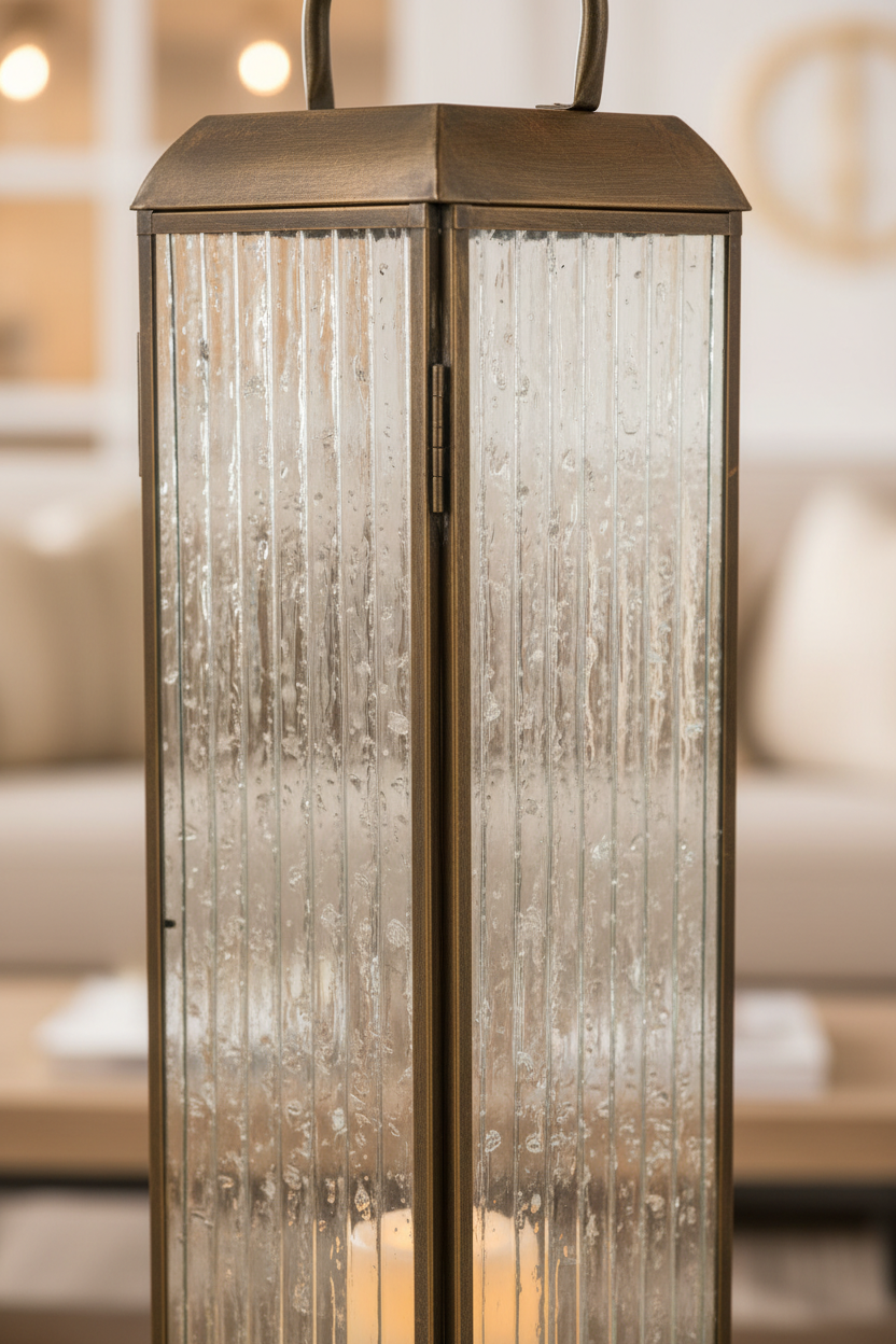 Close-up of Herslev lantern antique brass frame and glass panel with warm candlelight glow