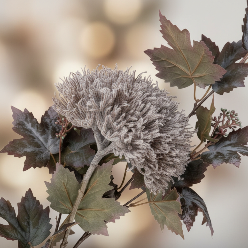 Close-up of faux natural bouquet dusty mauve chrysanthemum head and dark burgundy-green maple leaves with warm backlight