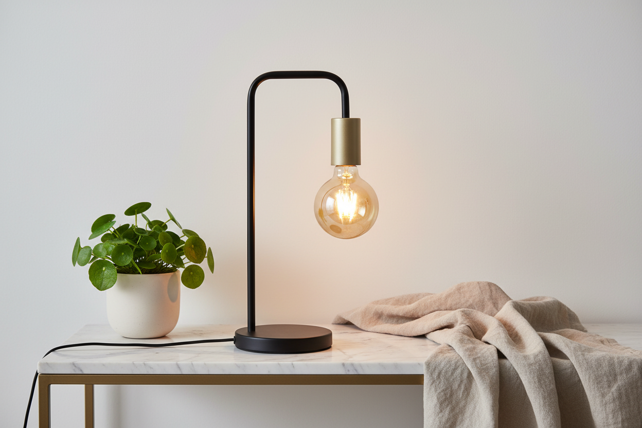 Modo black arch lamp on marble console with small plant and linen cloth