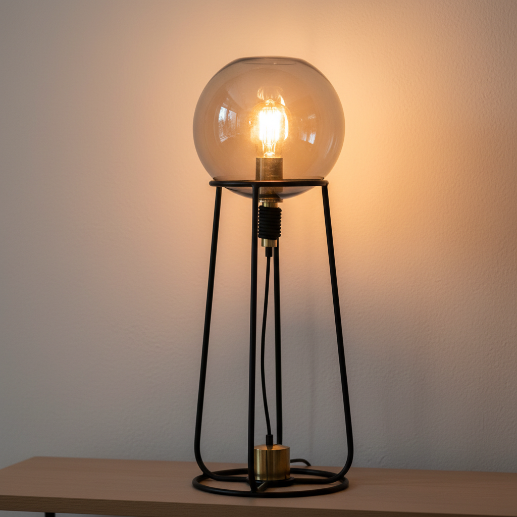 Stelo lamp close-up detail of smoked glass globe with warm filament and gold accent