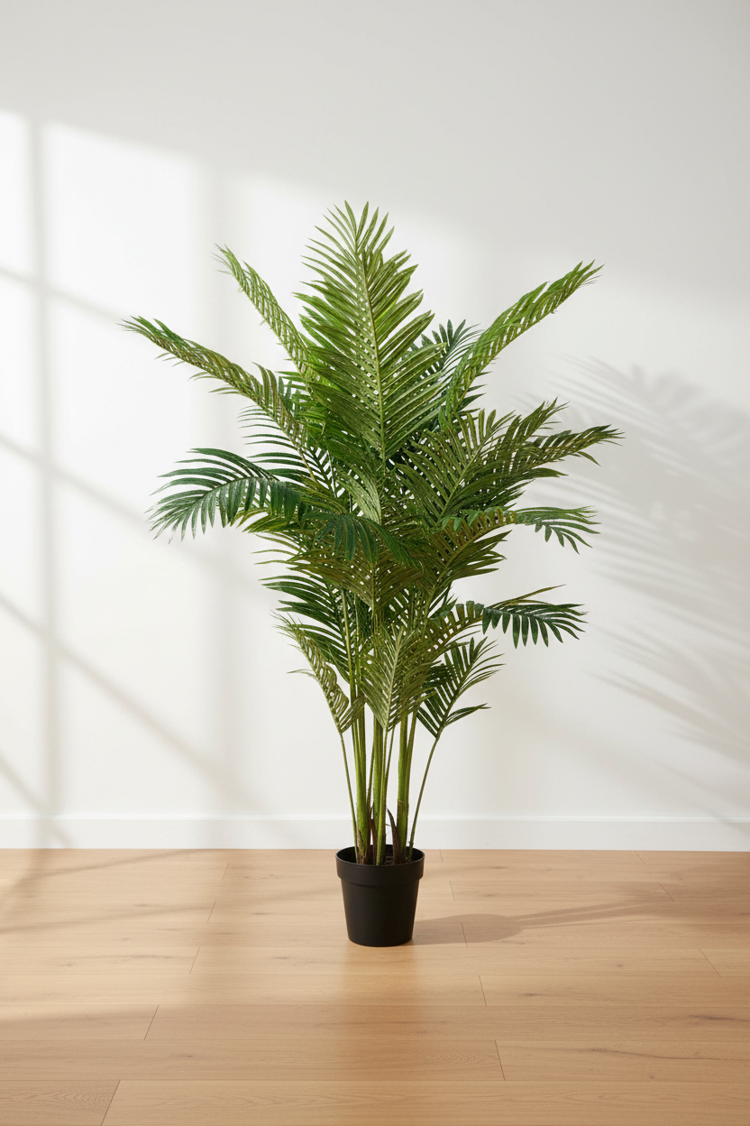 Large realistic artificial Areca palm on oak floor with soft daylight and clean off-white background, full height visible