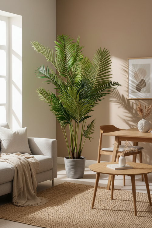 Large realistic artificial Areca palm in a bright Nordic dining room corner with soft natural light