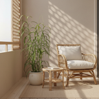 Tall artificial grass plant on a sheltered balcony with warm afternoon light and rattan furniture